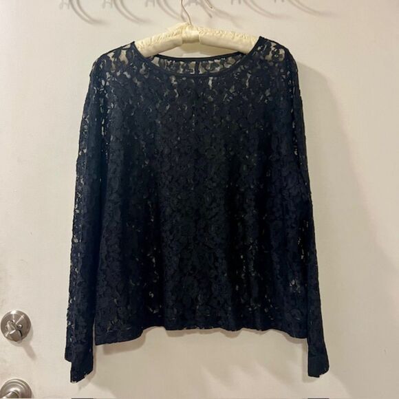 Womens Black Lace Scoop Neck Rayon Nylon See Thru LS Top Sz LG/XL - Made in USA - Picture 2 of 8